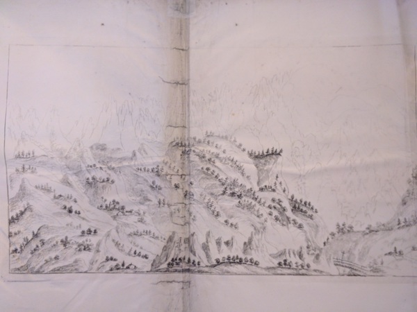 Fold-out pencil sketch of the view towards Mont Blanc from the northeast side of the Chamouni valley. Reproduced by kind permission of the British Library.