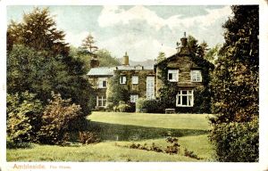 A summer home completed in 1834 by Thomas Arnold, the prominent educator, Wordsworth family friend, and father of the poet and cultural critic Matthew Arnold. Tourists pass Fox How often as they walk on Under Loughrigg Lane between Rydal and Ambleside. Wordsworth's influence on the design is apparent in the vernacular chimneys. Illustration: antique postcard, collection of Paul Westover.