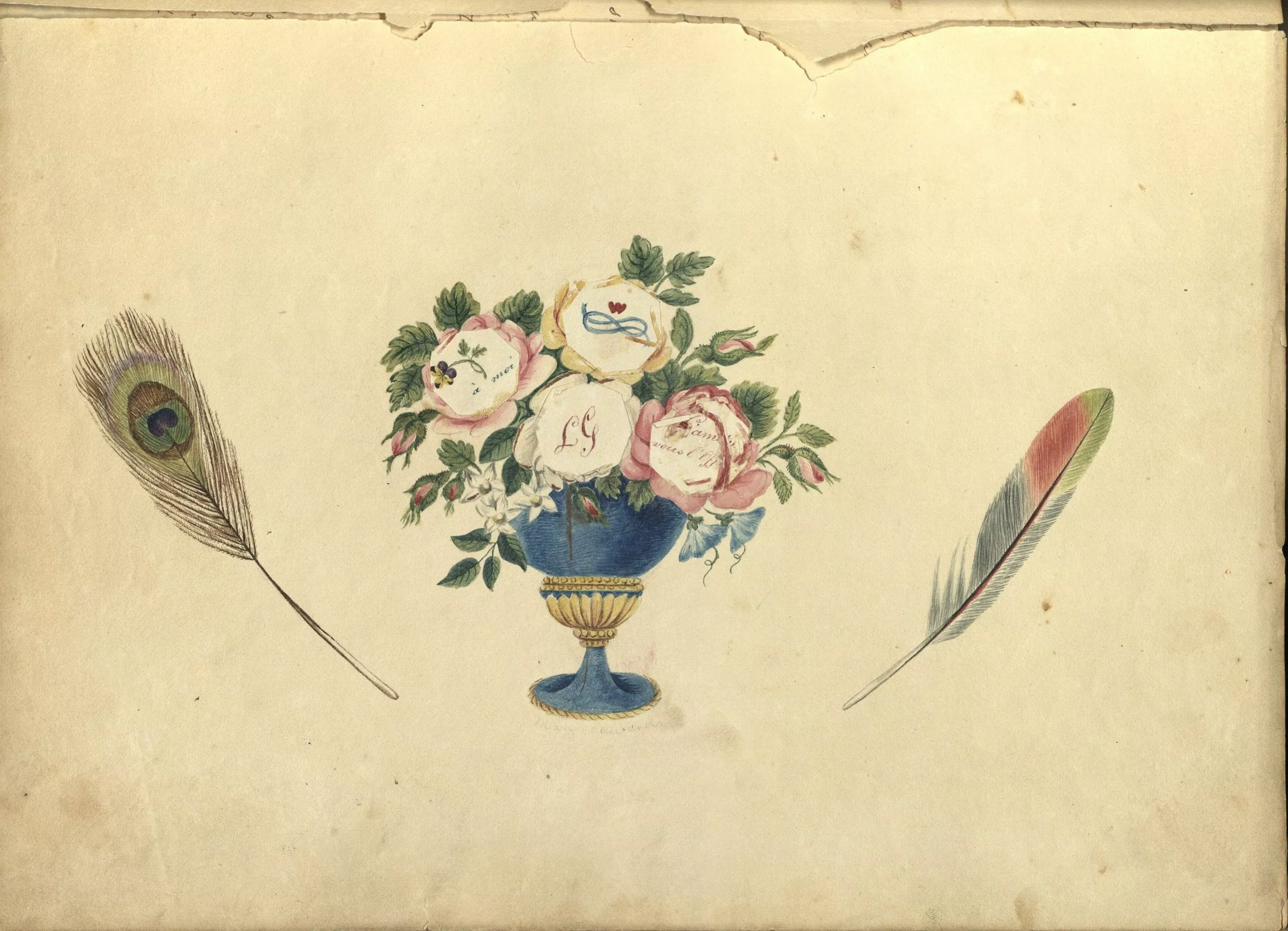 A drawing of a bouquet of flowers with a feather to each side of the blue vase