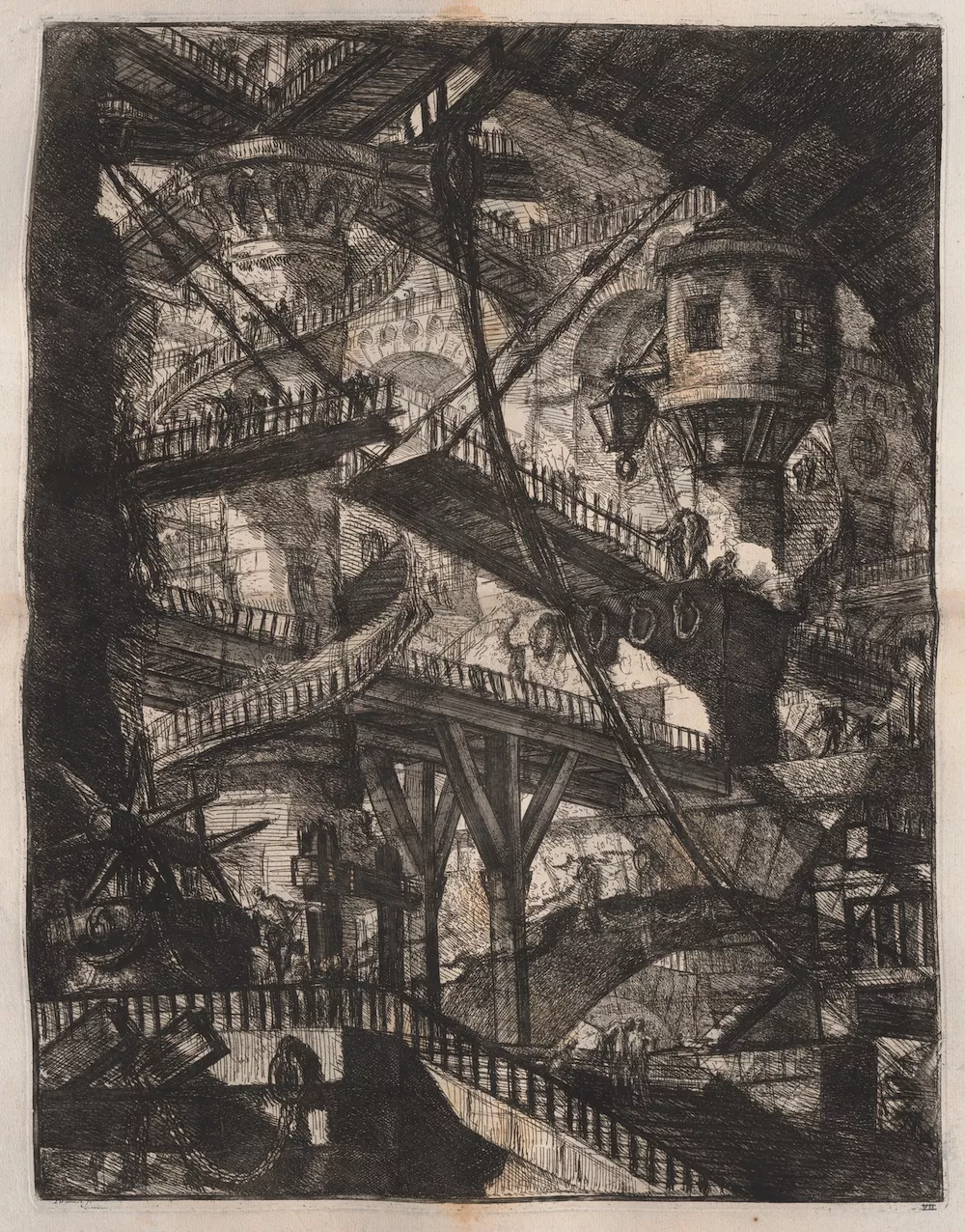 Black and white engraving of various connecting drawbridges.