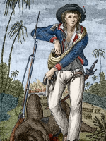 John Gabriel Stedman stands over a slave after the capture of Gado Saby, from the frontispiece of his Narrative.