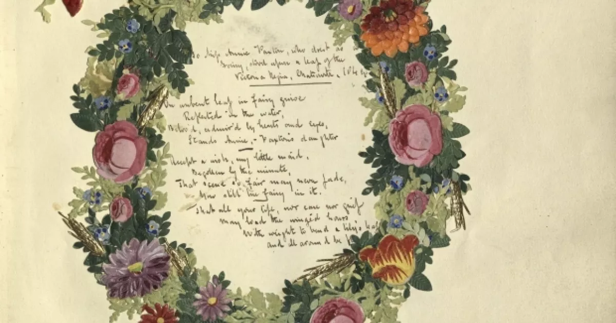 Drawing of a floral wreath with a poem in the center.