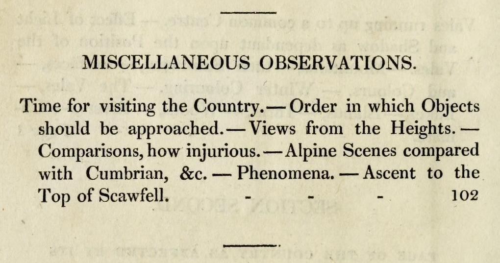 Selection from the book’s table of contents, showing Ascent to the Top of Scawfell.