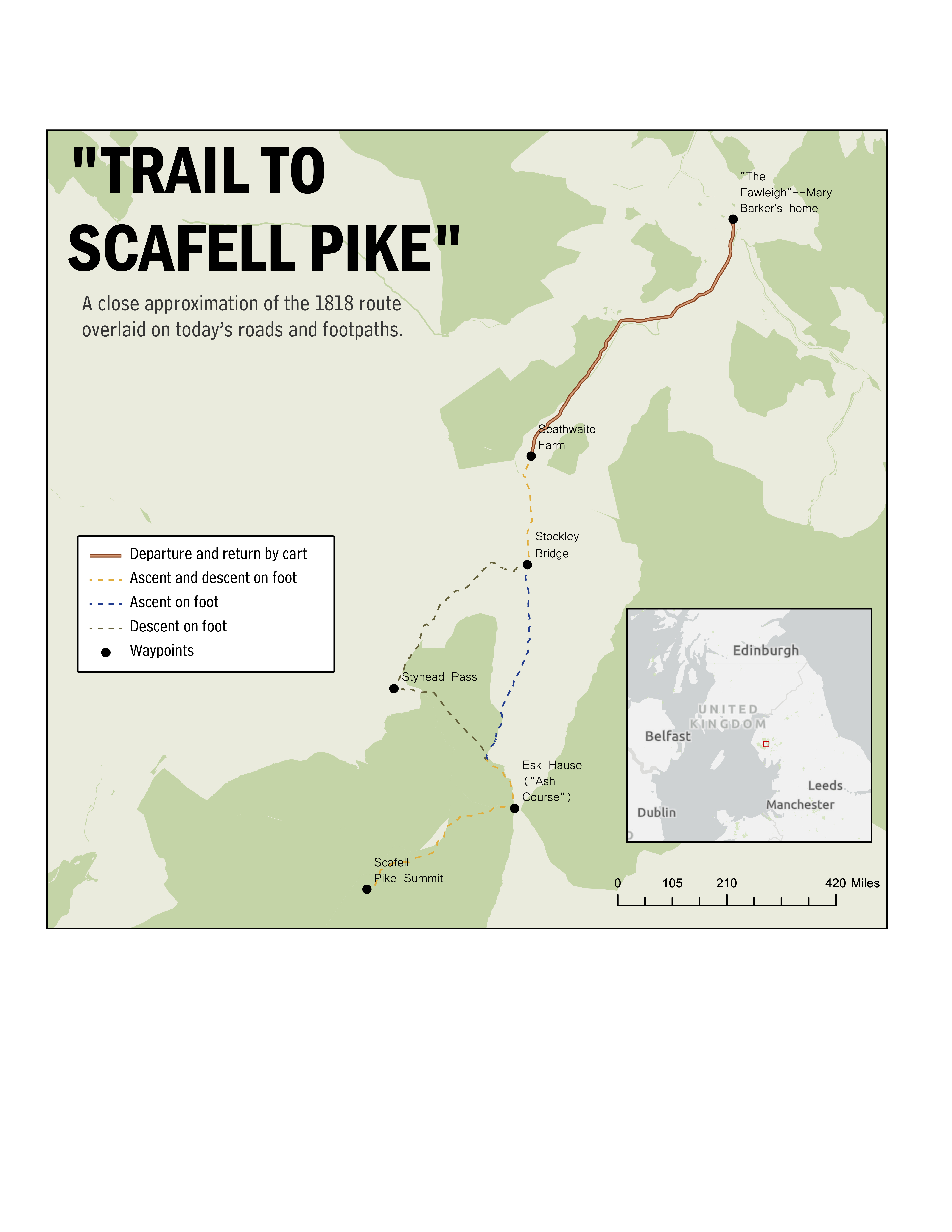 The route taken by Dorothy Wordsworth, Mary Barker, and their companions on 7 October 1818, ascending from Seathwaite via Grains Gill and returning by way of Sty Head. This loop remains easily traceable on maps today. (Created by Paul Westover and Teresa Gomez, Brigham Young University)