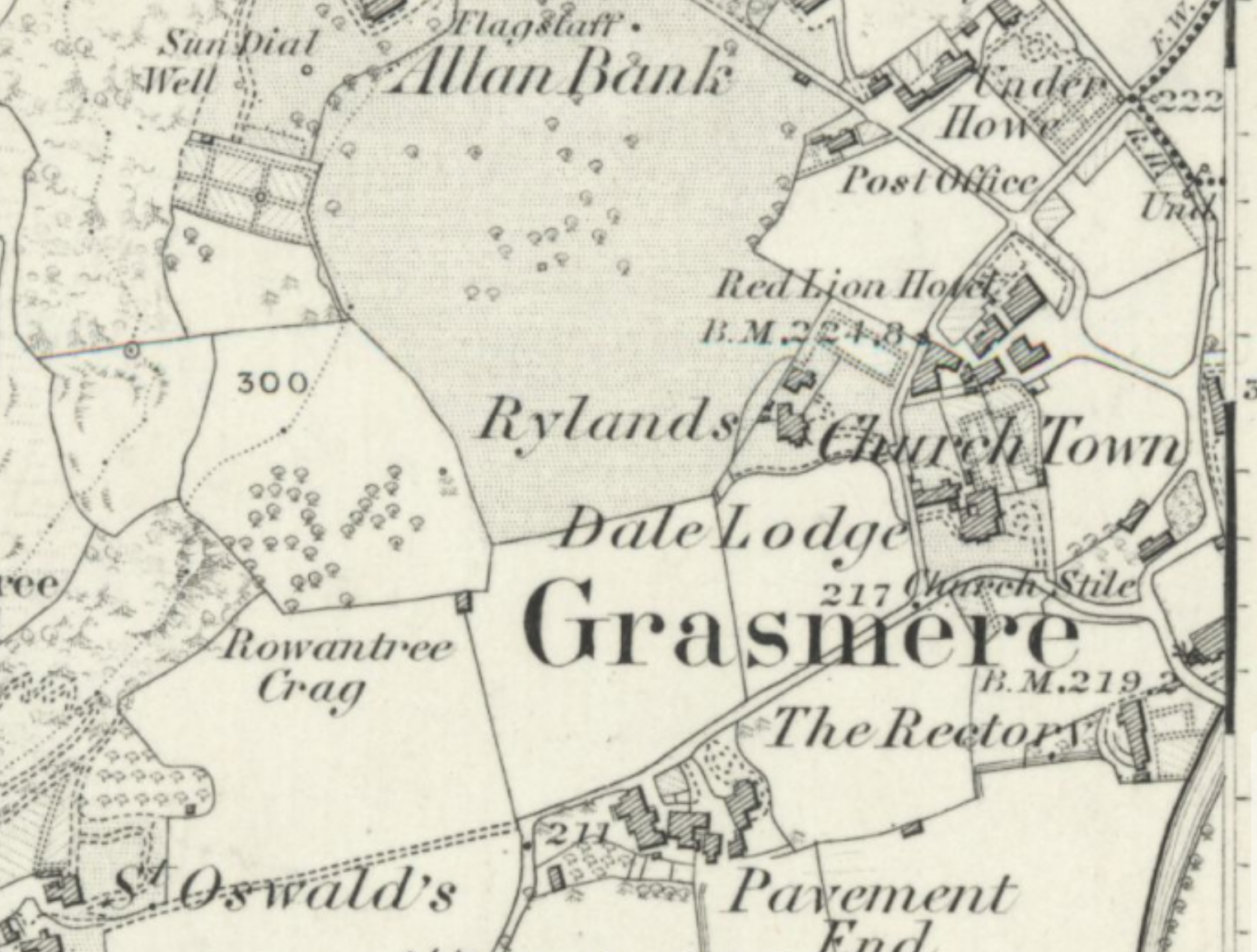 A view of Allan Bank (top center) and The Rectory (bottom right).