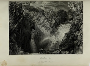 Long praised by cavers, artists, and travel writers, Weathercote Cave is on private land and not currently open to public view. This area of Northern England was one of Wordsworth’s favorites as witnessed by his sequence of three sonnets “Suggested by Mr. W. Westall’s Views of the Caves, Etc., in Yorkshire” (1819). Illustration: Weathercote Cave, When Half Filled with Water, engraving after Turner from Whitaker’s History of Richmondshire (1823). Courtesy Harold B. Lee Library, Brigham Young University.