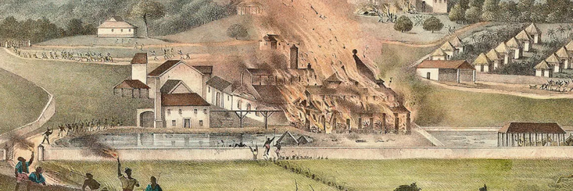 Plantation being burned during the Baptist War in Jamaica