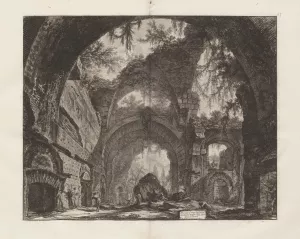 Black and white engraving depicting a large stone arch with dilpidated stone behind it. 